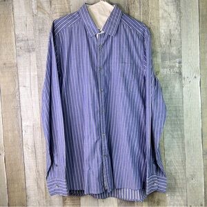 Kenneth Cole Size Large Striped Navy Blue & White Long Sleeve Button Fro…